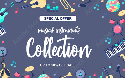 Vector Illustration. Special offer poster with musical instruments on grey blue background. Musical intstuments collection with word up to 50% off sale