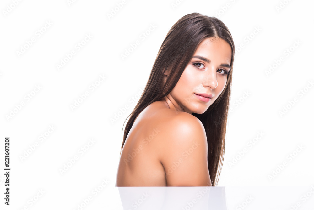 Fototapeta premium closeup side portrait of beautiful female face over white background