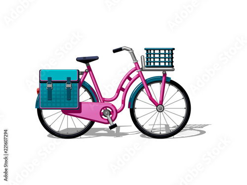 Urban family bike with bags and a basket flat vector. Urban bicycle, leasure and sport transport for family. Bicycle illustration for a logo or an icon. Bike drawing isolated on white BG