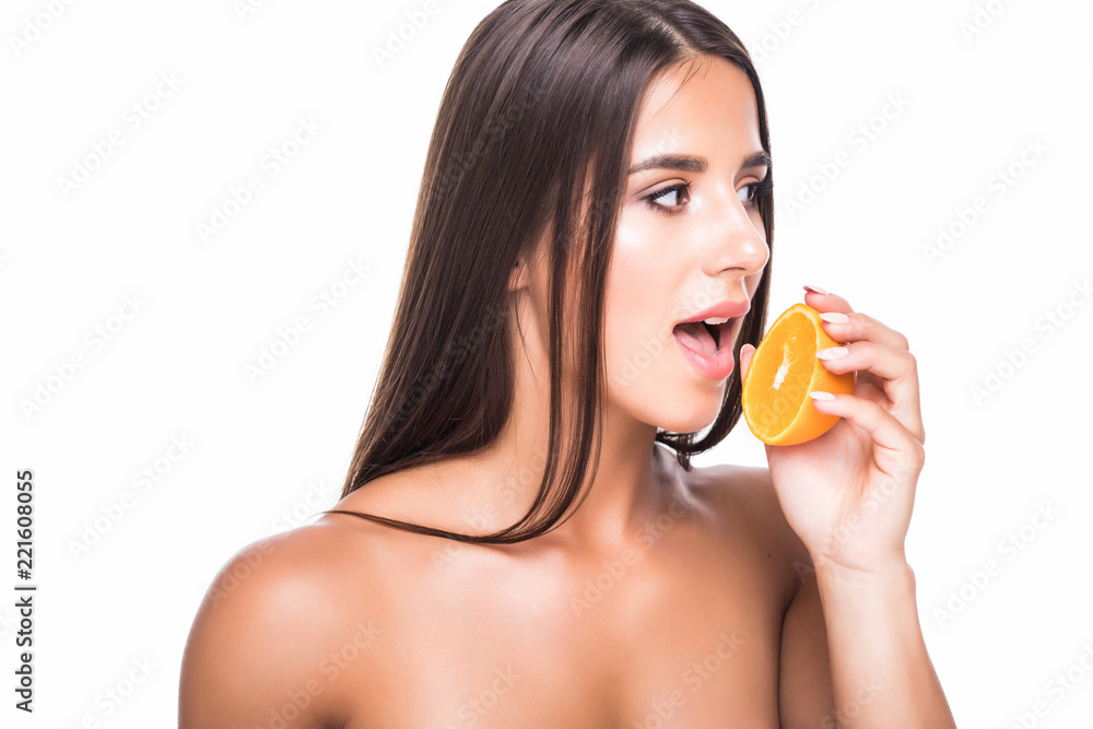 Vitality concept. Portrait of enjoyed appealing woman with citrus slices isolated on white background Vitality concept. Portrait of enjoyed appealing woman with citrus slices isolated on white background