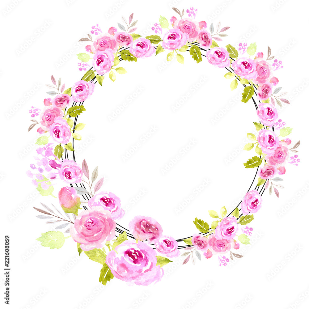 Pink watercolor floral wreath round