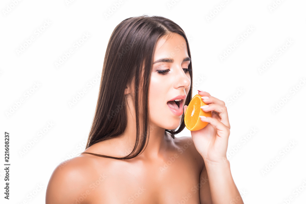Vitality concept. Portrait of enjoyed appealing woman with citrus slices isolated on white background Vitality concept. Portrait of enjoyed appealing woman with citrus slices isolated on white background