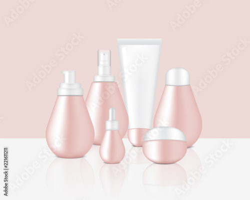 Mock up Realistic Glossy Rose Gold Pastel Color Cosmetic Soap, Shampoo, Cream, Oil Dropper and Spray Bottles Set for Skincare Product Background Illustration