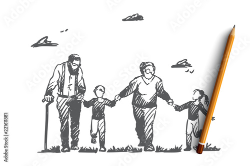 Grandmother, grandfather, grandchildren, family, generation concept. Hand drawn isolated vector.