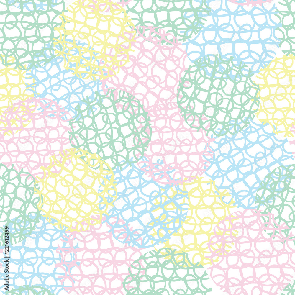 Abstract pastel colored doodle loops scribble spheres seamless repeat texture pattern background.