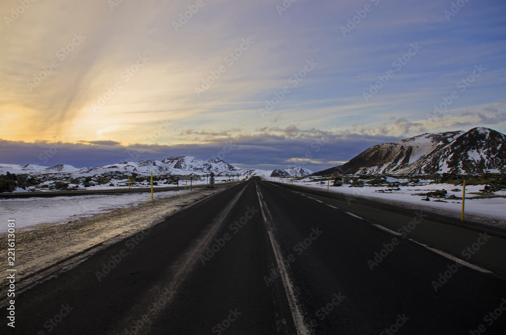 Traditional empty, quiet, calm, clean, beautiful, spectacular roads of Iceland amid fairy-tale landscapes. The Ring Road (Route 1) of Iceland