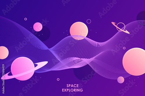 horizontal space background with abstract shape and planets. Web banner.  blend design. Fluid. space exploring. vector illustration