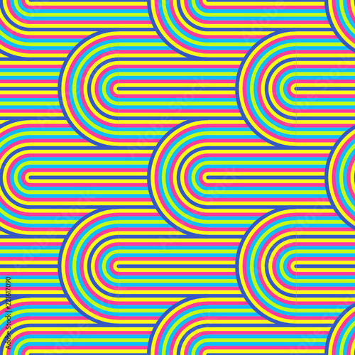 Abstract vector seamless op art pattern. Colorful pop art, graphic ornament. Optical illusion 70s