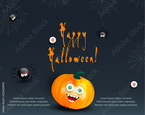 Halloween holiday design template for card, flyer or banner with copy-space for text. Happy orange pumpkin with funny monster face on dark night background with cute spiders, cobweb and eyes.