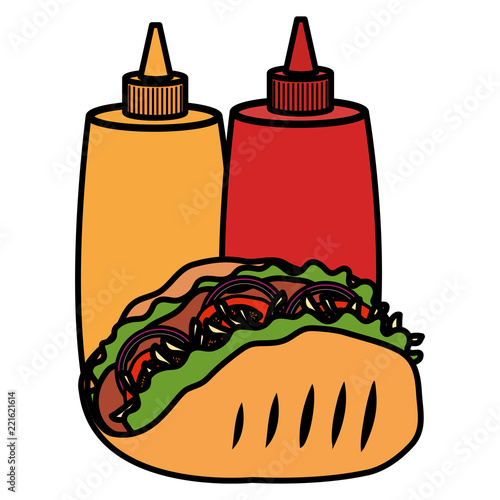 delicious mexican taco with sauces bottles