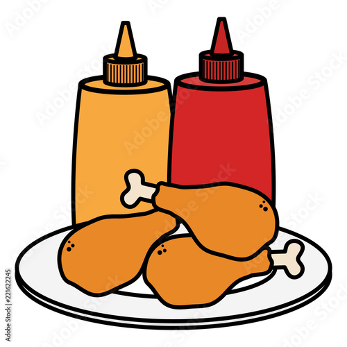 dish with chicken thighs and sauces bottles