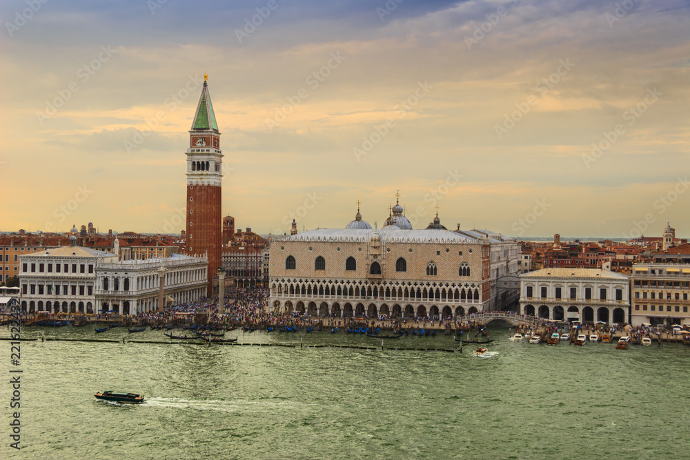 Venice landmark, aerial view of Piazza San Marco or st Mark square, Campanile and Palazzo Ducale or Doge Palace. Italy, Europe.
