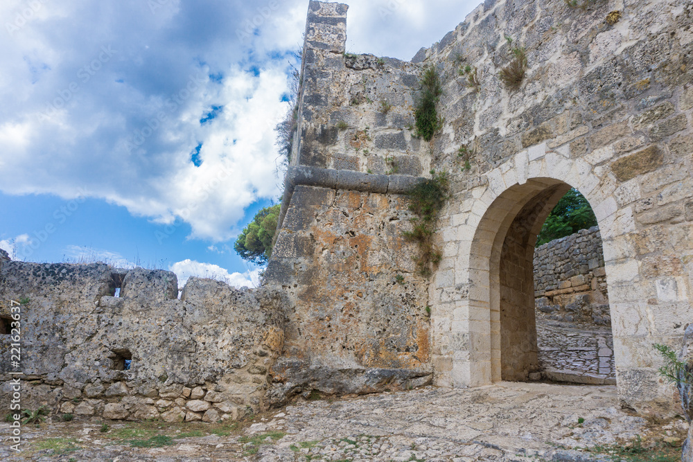 Castle of saint George in Kefalonia, Greece. The castle was built on a hiltop by Byzantine Emperors in the 12th century. The Venetians gave its final form in the 16th century.