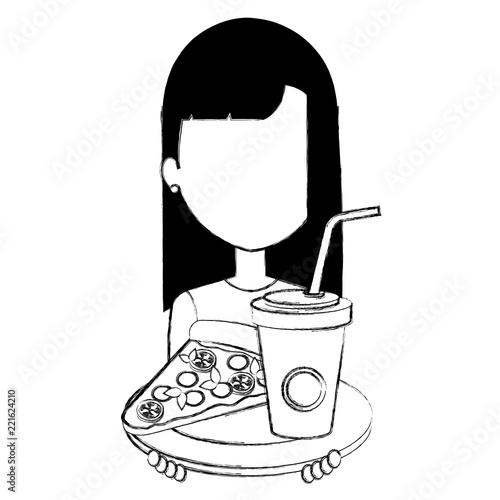 woman with italian pizza and soda