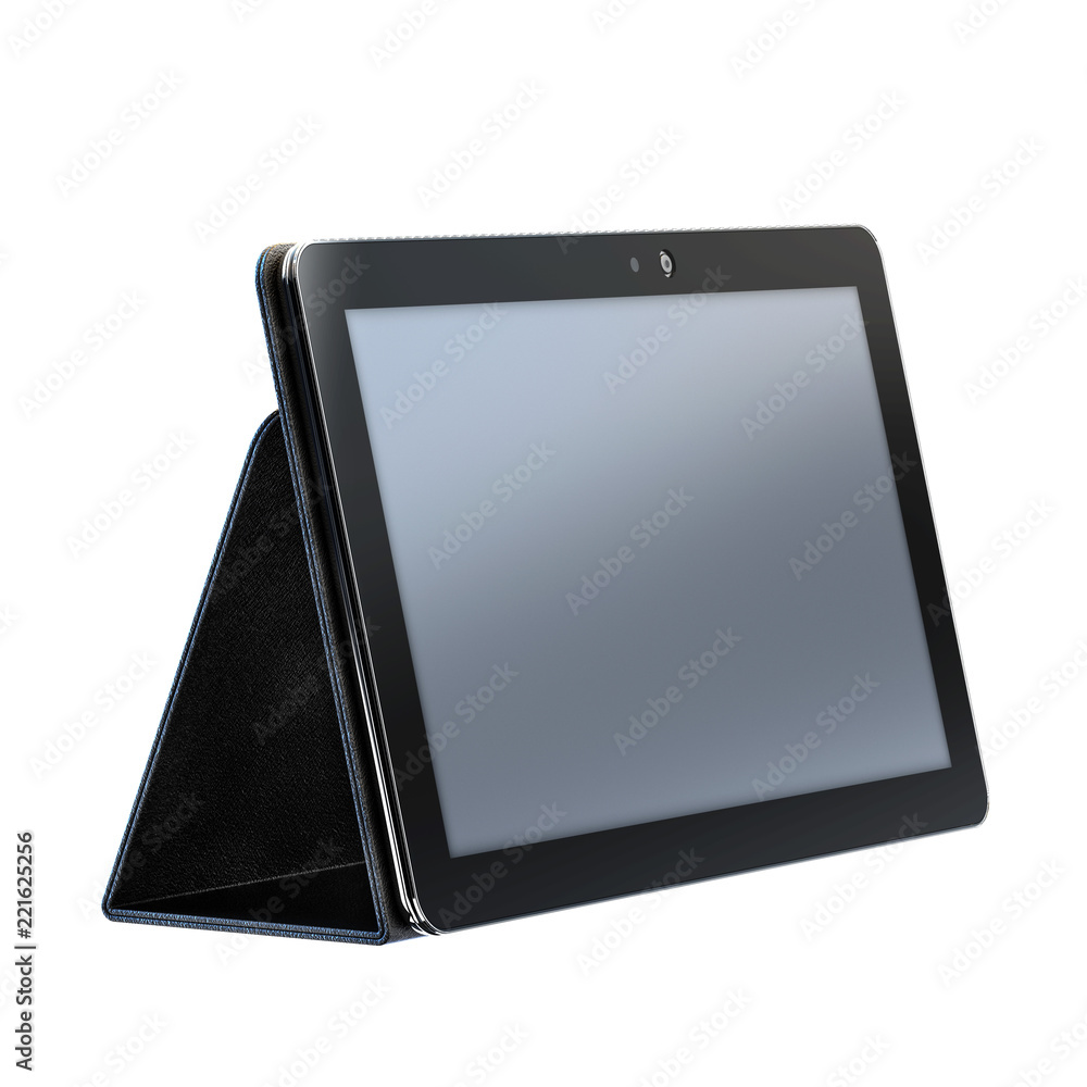 Black tablet computer on stand on white background. Black tablet computer on stand on white background.