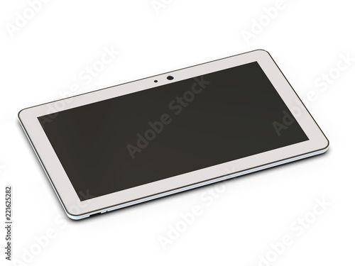 White tablet computer for woman on stand isolated on white background.