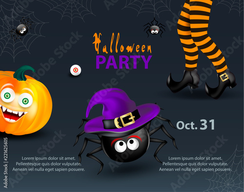 Halloween holiday design party template with copy-space for text. Happy pumpkin with funny monster face, witch legs with striped stockings and spider with hat on dark night background with cobweb.