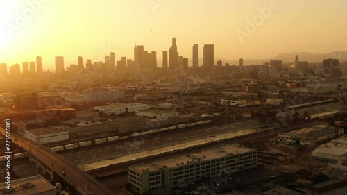 Aerial Shot of Los Angeles Downtown Sunset Skyline and 7th Bridge photo