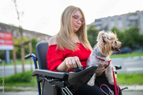 Beautiful young woman on a wheelchair enjoying outdoors with her dog. © hedgehog94