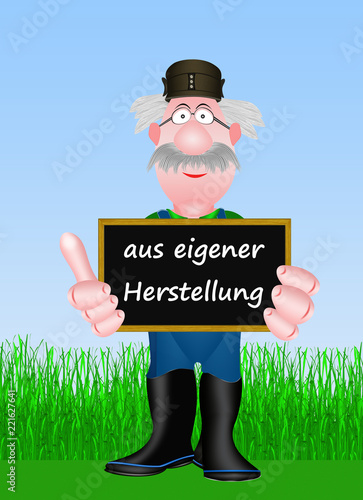 aus eigener Herstellung, freundlicher Bauer mit Schild wirbt für seine regionalen Produkte photo