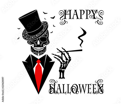 Happy Halloween background skull icon gentlemen with cigarette 
