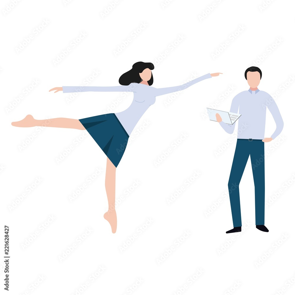 Obraz premium Vector illustration. Business team of two. Woman in formal wear in ballet pose dancing and pointing forward and man in formal wear standing and holding laptop. Success in business.