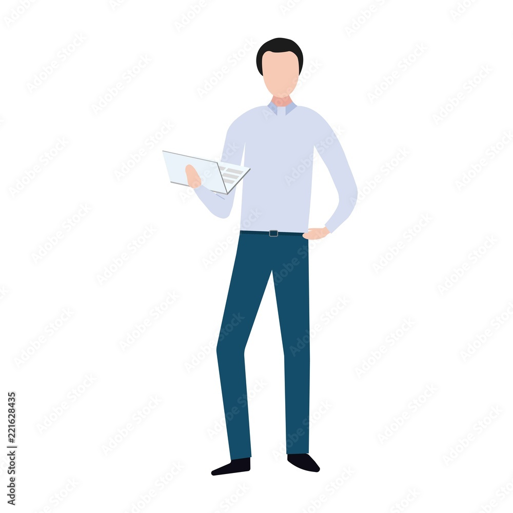 Business man in formal wear and laptop in hands standing. Sucsess in business. Vector illustration. Business man in formal wear and laptop in hands standing. Sucsess in business. Vector illustration.