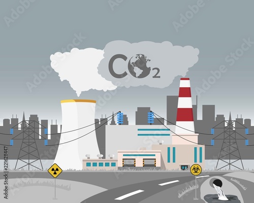 Landscape of Nuclear power plant emitting CO2 and smoke for atomic energy. Water waste pipe pollution. Grey sky and black city on background. Ecology in danger. Vector illustration.
