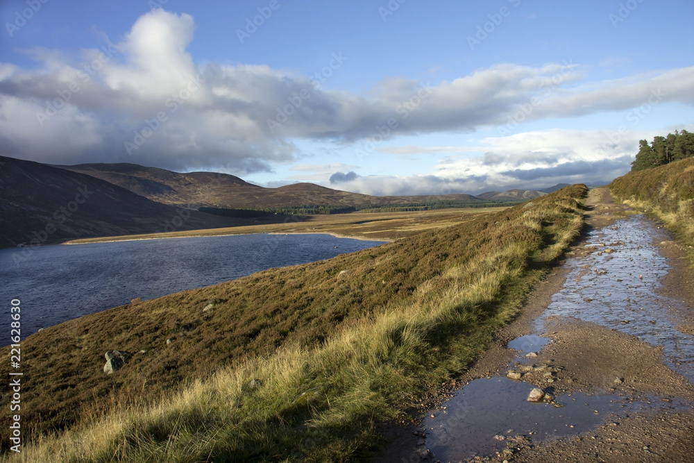 Path around Loch Muick, Aberdeenshire, Scotland, UK. Ballater, Royal Deeside, Cairngorms National Park.