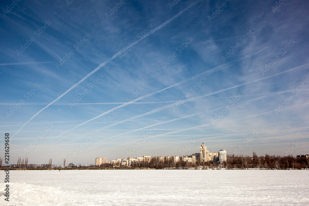 Contrails from airplanes in the winter. Voronezh