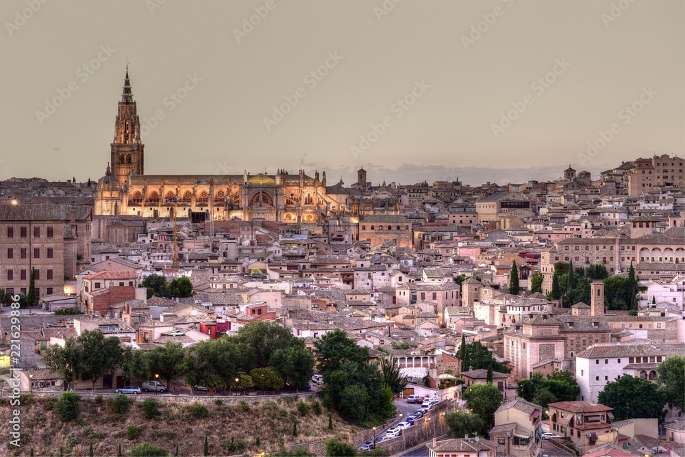 Panoramic aerial view of ancient city of Toledo from the sunset point, Spain
