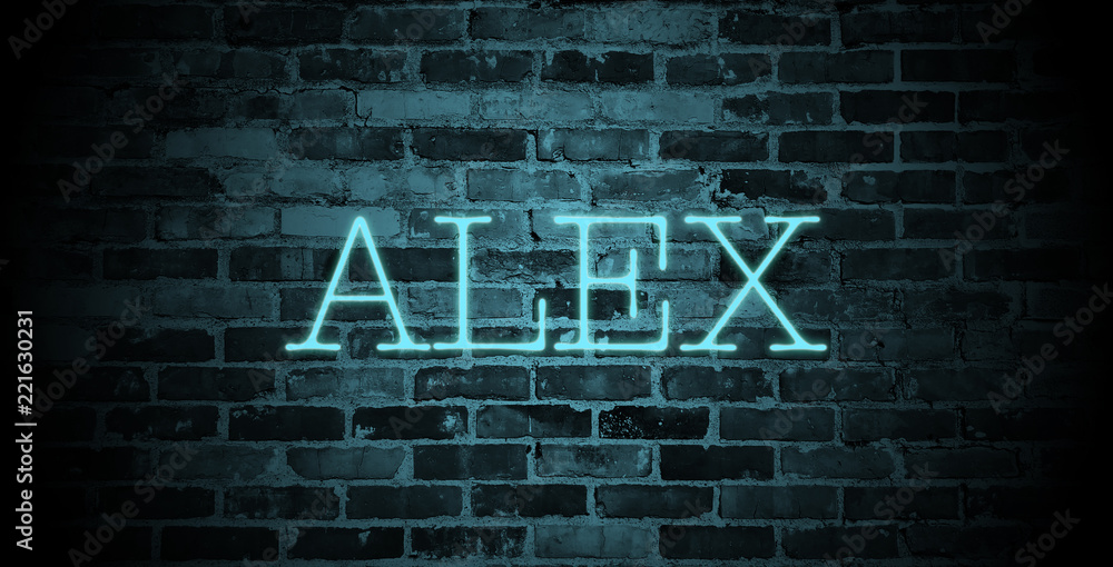 first name Alex in blue neon on brick wall - obrazy, fototapety, plakaty 