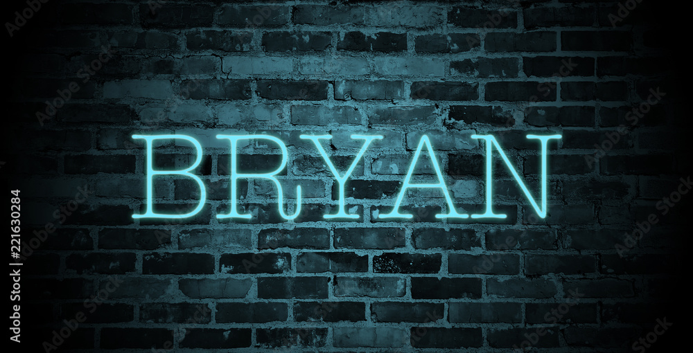 Fotografie first name bryan in blue neon on brick wall