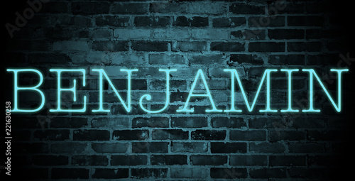 first name benjamin in blue neon on brick wall