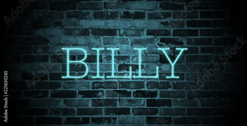 first name billy in blue neon on brick wall photo