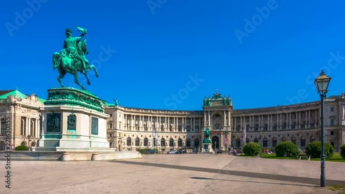 Vienna, Austria, Heldenplatz (Heroes' Square) is a public space in front of the Hofburg Palace with a statue of Prince Eugene of Savoy. Time lapse. Zoom out effect photo