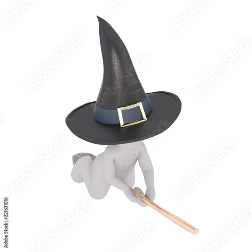 the witch rides on her magic broom