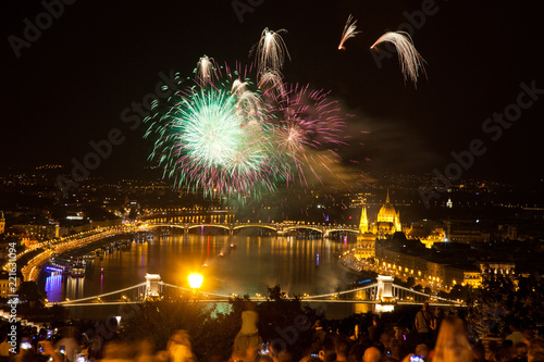 the 20th of August fireworks over Budapest Parliament, the Danube and chain bridge on St. Stephens or foundation day of Hungary