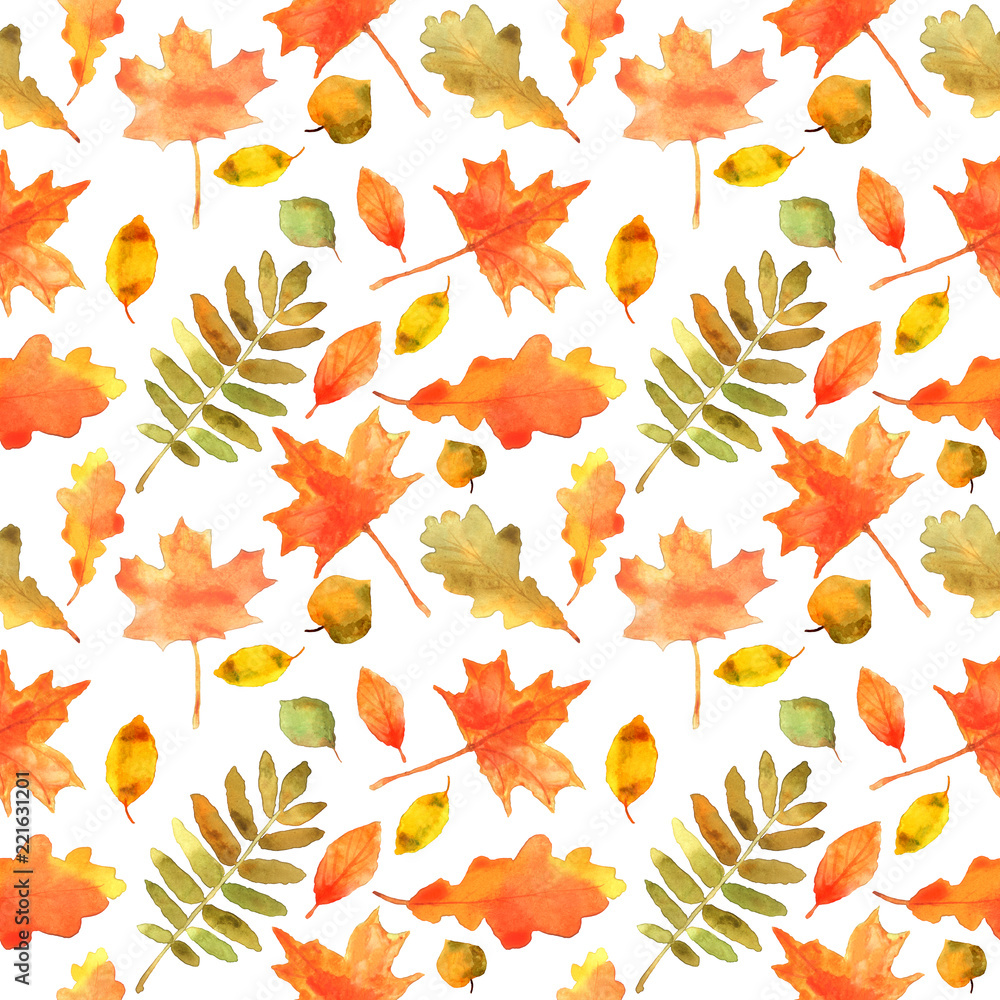Fototapeta premium Autumn leaves seamless pattern. Hand drawn watercolor painting. Colorful leaves isolated on white. Fall theme for wedding invitation, greeting card, fabric, banner, flyer, gift wrap, etc.