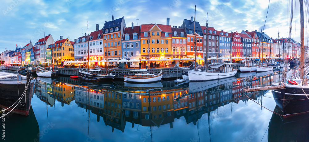 Panorama Of North Side Of Nyhavn With Colorful Facades Of Old Houses Panorama Of North Side Of Nyhavn With Colorful Facades Of Old Houses