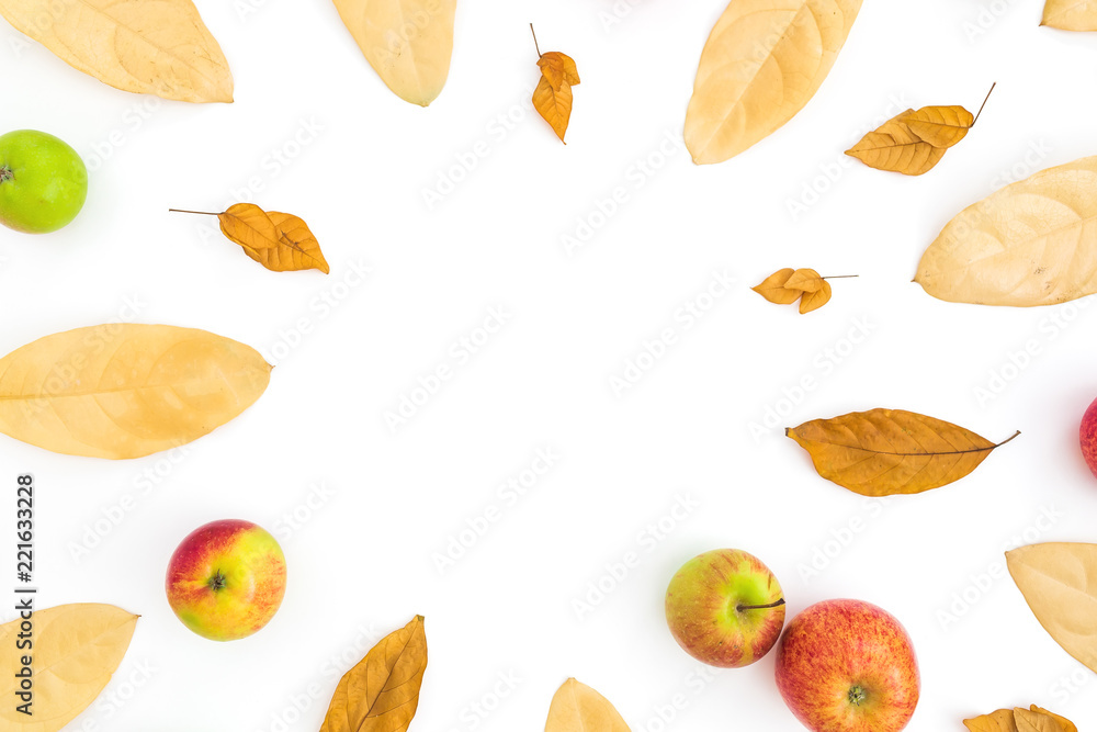 Autumn frame of fall leaves and apples on white background. Thanksgiving day. Flat lay, top view Autumn frame of fall leaves and apples on white background. Thanksgiving day. Flat lay, top view