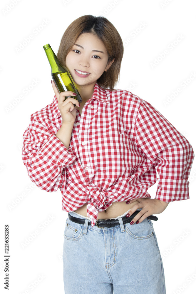 Chinese woman holding bottle of beer isolated on white background Chinese woman holding bottle of beer isolated on white background