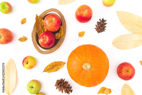 Thanksgiving day background made of fall dried leaves  pine cones  apples and pumpkin on white background. Flat lay  top view