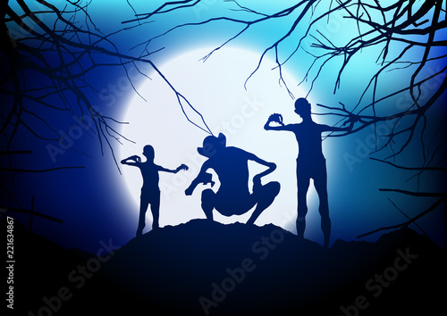 Halloween demons against a moonlit sky