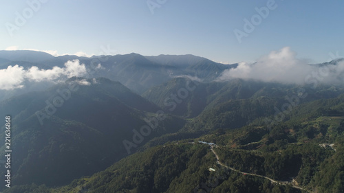 Aerial view of mountains covered forest, trees in clouds. Cordillera region. Luzon, Philippines. Slopes of mountains with evergreen vegetation. Mountainous tropical landscape. © Alex Traveler
