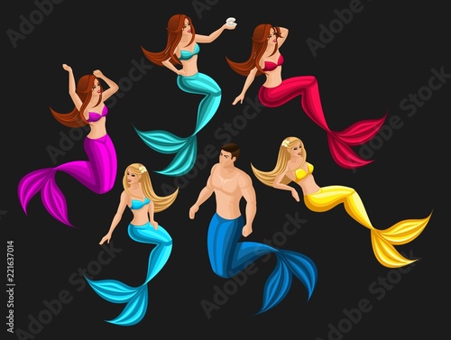 Isometry set of mermaids in different poses for use in graphic games, beautiful girls, seductresses, on a dark background photo