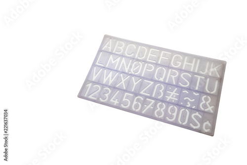 Light blue alphabet stencil lettering PVC plastic ruler template isolated on white