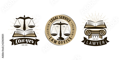 Lawyer, law office logo or label. Legal services, justice, judicial scales symbol. Vector