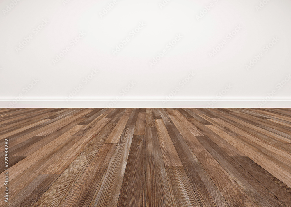 Wood floor and white wall, empty room for background - obrazy, fototapety, plakaty 