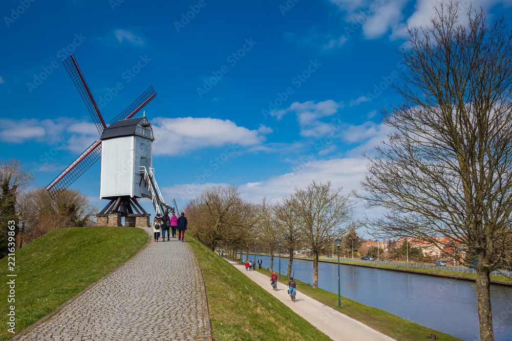 Fototapeta premium Wiatrak i kanały w historycznym i pięknym mieście Brugia w Belgii